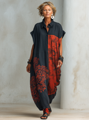 Women's Vintage Casual Cotton-Linen Printed Henley-Neck Short-Sleeve Maxi Dress ZMZ1923E2ZYY