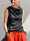 Women's Retro Casual Set: Cowl-Neck Satin Sleeveless Top And Cotton-Linen Wide-Leg Pants ZMZ1903E8ZYY