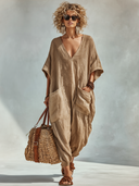 Women's Cotton Linen Solid Color V-neck Loose Short-sleeved Jumpsuit ZMZ1913E9XT