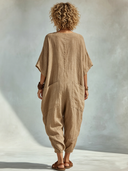 Women's Cotton Linen Solid Color V-neck Loose Short-sleeved Jumpsuit ZMZ1913E9XT