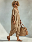 Women's Cotton Linen Solid Color V-neck Loose Short-sleeved Jumpsuit ZMZ1913E9XT