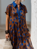 Women's Vintage-Style Elegant Chiffon Polka Dot Print Dress — Collared, Short-Sleeve, Loose-Fit Maxi Dress ZMZ1955E2ZYY