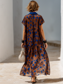 Women's Vintage-Style Elegant Chiffon Polka Dot Print Dress — Collared, Short-Sleeve, Loose-Fit Maxi Dress ZMZ1955E2ZYY