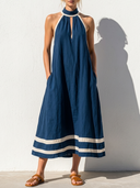 Women's Romantic Casual Style Linen-Cotton Nautical Halter Neck A-Line Midi Dress ZMZ2067E2YZH