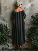 Women's Classic Black & Grey Striped Loose Midi Skirt With Red Piping ZMZ1978E0SWL