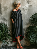 Women's Classic Black & Grey Striped Loose Midi Skirt With Red Piping ZMZ1978E0SWL