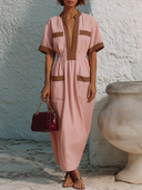 Women's Vintage Casual Style Contrast Trim Cinched Waist Cotton Midi Dress ZMZ2075E0YZH