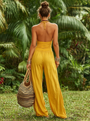 Women's Retro Casual Solid Color Cotton Halter Neck Sleeveless Top And Pants Set ZMZ1550E5ZJY