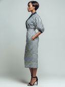 Women's Retro Casual Striped Patchwork V-Neck Short Sleeve Midi Dress ZMZ1906E5ZJY