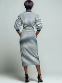 Women's Retro Casual Striped Patchwork V-Neck Short Sleeve Midi Dress ZMZ1906E5ZJY
