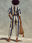 Women's Striped Print Collared Short-Sleeve Shirt And Trousers Two-Piece Set ZMZ1990E6XT