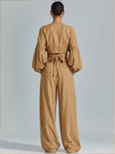 Women's Cotton-Linen V-Neck Long-Sleeve Top And Trousers Two-Piece Set ZMZ1998E6XT