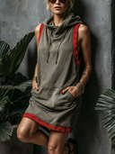 Women's Street-Style Casual Color-Block Sleeveless Hooded Mini Dress ZMZ2057E6SWL