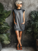 Women's Street-Style Casual Grey Stretchy Sleeveless Loose-Fit Mini Dress ZMZ2081E1SWL