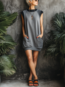 Women's Street-Style Casual Grey Stretchy Sleeveless Loose-Fit Mini Dress ZMZ2081E1SWL