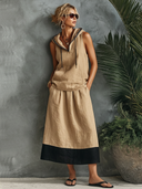 Women's Street-Style Casual Cotton-Linen Set: Hooded Sleeveless Top And Skirt ZMZ2028E9SWL