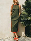 Women's Street-Style Casual Sleeveless Midi Dress With Side Slits And Red Piping ZMZ2002E2SWL