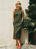 Women's Street-Style Casual Sleeveless Midi Dress With Side Slits And Red Piping ZMZ2002E2SWL