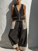 Women's Minimalist Linen-Cotton Contrast Trim V-Neck Vest & Patchwork Balloon Pants Set ZMZ2085E5YZH