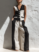 Women's Monochrome Patchwork Linen V-Neck Vest & Wide-Leg Pants Co-ord Set ZMZ2074E1YZH