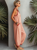 Women's Casual Pink Cotton-Linen Sleeveless Spaghetti-Strap Loose Jumpsuit ZMZ1968E9SWL