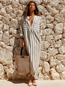 Women's Retro Casual Vacation Style Cotton Linen Striped Loose Short-Sleeve Maxi Dress ZMZ2041E5ZJY