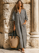 Women's Retro Casual Vacation Style Cotton Linen Striped Loose Short-Sleeve Maxi Dress ZMZ2081E2ZJY