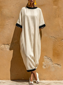 Women's Minimalist Contrast Trim Linen-Blend Cocoon Midi Dress ZMZ2060E4YZH