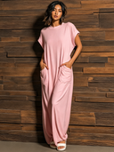 Women's Retro Casual Cotton Crew Neck Loose Pocket Short Sleeve T-Shirt Dress ZMZ2024E4ZJY