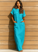 Women's Retro Casual Cotton Linen Round Neck Loose Pocket Short Sleeve Maxi Dress ZMZ2092E4ZJY