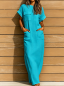 Women's Retro Casual Cotton Linen Round Neck Loose Pocket Short Sleeve Maxi Dress ZMZ2092E4ZJY