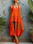 Women's Street-Style Casual Orange Patterned Sleeveless Midi Dress ZMZ2089E7SWL