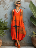 Women's Street-Style Casual Orange Patterned Sleeveless Midi Dress ZMZ2089E7SWL