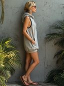 Women's Fashionable Sporty-Style Light Gray Sleeveless Hooded Mini Dress ZMZ2053E9SWL
