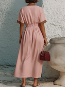 Women's Vintage Casual Style Contrast Trim Cinched Waist Cotton Midi Dress ZMZ2075E0YZH
