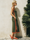 Women's Street-Style Casual Sleeveless Midi Dress With Side Slits And Red Piping ZMZ2002E2SWL