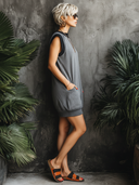 Women's Street-Style Casual Grey Stretchy Sleeveless Loose-Fit Mini Dress ZMZ2081E1SWL
