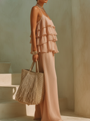 Women's Elegant Crinkled Acetate Chiffon Tiered Halter Top & Wide-Leg Pants Set ZMZ2054E5YZH