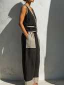 Women's Minimalist Linen-Cotton Contrast Trim V-Neck Vest & Patchwork Balloon Pants Set ZMZ2085E5YZH