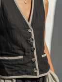 Women's Minimalist Linen-Cotton Contrast Trim V-Neck Vest & Patchwork Balloon Pants Set ZMZ2085E5YZH