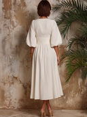 Women's Solid-Color Pleated V-Neck Short-Sleeve Midi Dress ZMZ1948E2XT