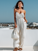 Women's Retro Casual Cotton Linen Ruffled Trim Sleeveless Drawstring Jumpsuit ZMZ2019E9ZJY