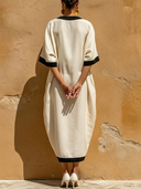 Women's Minimalist Contrast Trim Linen-Blend Cocoon Midi Dress ZMZ2060E4YZH