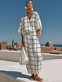 Women's Retro Casual Cotton Linen Plaid Short-Sleeve V-Neck Top And Skirt Set ZMZ2052E7ZJY