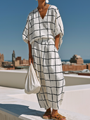 Women's Retro Casual Cotton Linen Plaid Short-Sleeve V-Neck Top And Skirt Set ZMZ2052E7ZJY