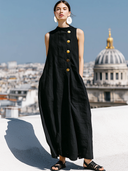 Women's Retro Casual Cotton Linen Round Neck Button-Down Sleeveless Maxi Dress ZMZ2076E1ZJY