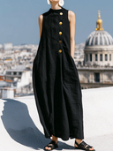 Women's Retro Casual Cotton Linen Round Neck Button-Down Sleeveless Maxi Dress ZMZ2076E1ZJY