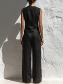 Women's Monochrome Patchwork Linen V-Neck Vest & Wide-Leg Pants Co-ord Set ZMZ2074E1YZH