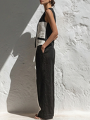 Women's Monochrome Patchwork Linen V-Neck Vest & Wide-Leg Pants Co-ord Set ZMZ2074E1YZH