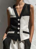 Women's Monochrome Patchwork Linen V-Neck Vest & Wide-Leg Pants Co-ord Set ZMZ2074E1YZH